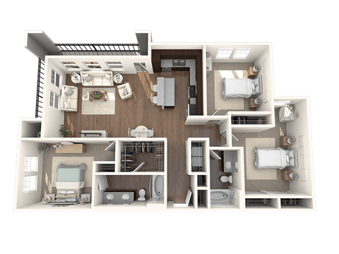 Floor plan for 3 beds, 2 baths, 1369 sqft